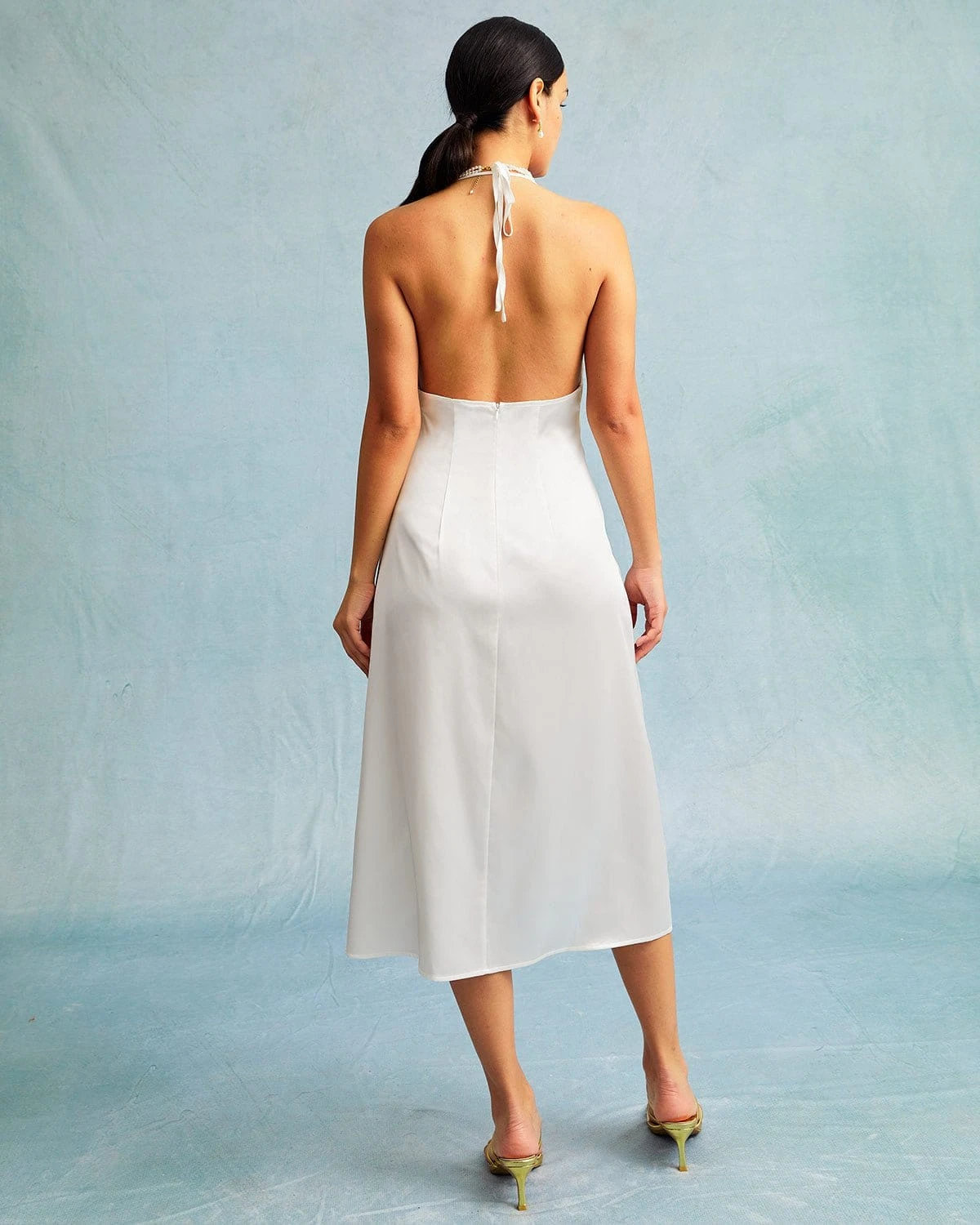 The White Halter Spliced Ruched Satin Midi Dress 6 The White Halter Spliced Ruched Satin Midi Dress - Image 6