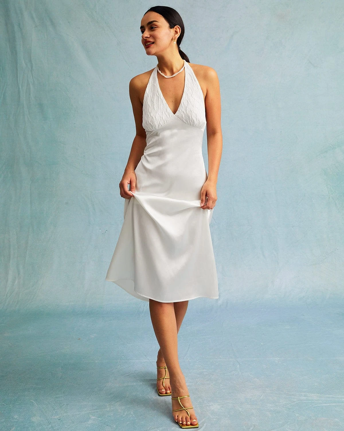 The White Halter Spliced Ruched Satin Midi Dress 3 The White Halter Spliced Ruched Satin Midi Dress - Image 3