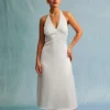The White Halter Spliced Ruched Satin Midi Dress