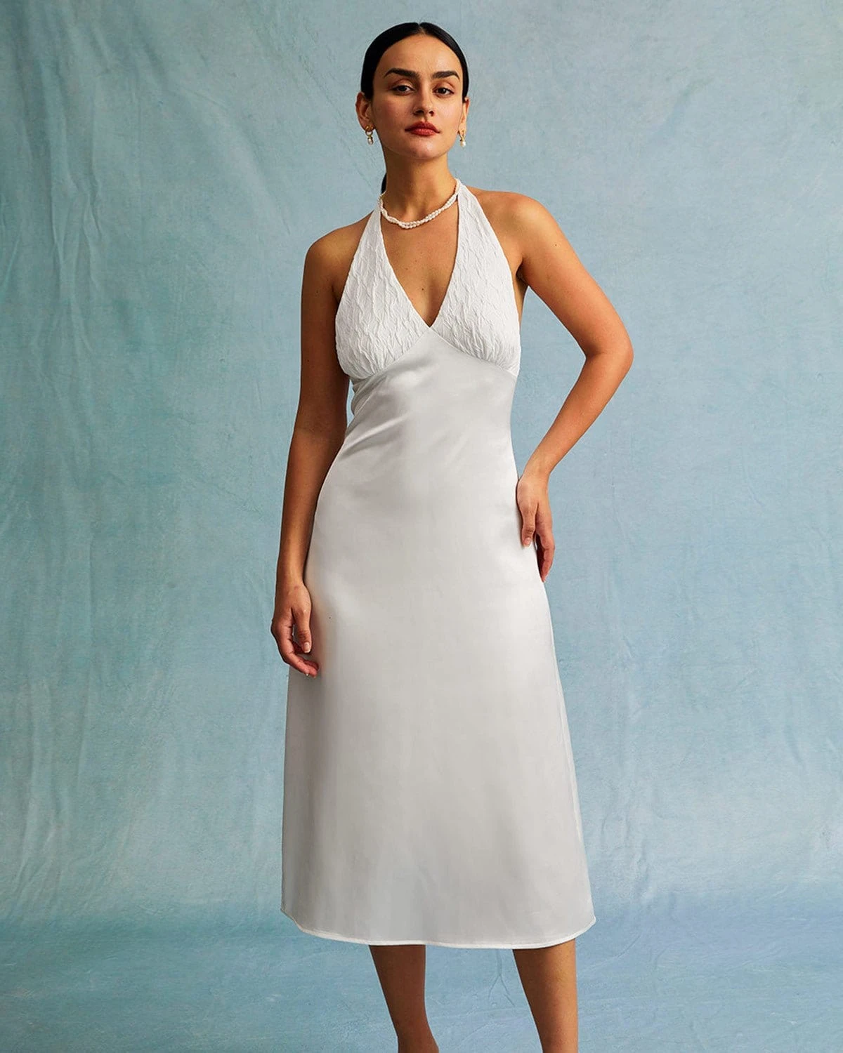 The White Halter Spliced Ruched Satin Midi Dress 1 The White Halter Spliced Ruched Satin Midi Dress