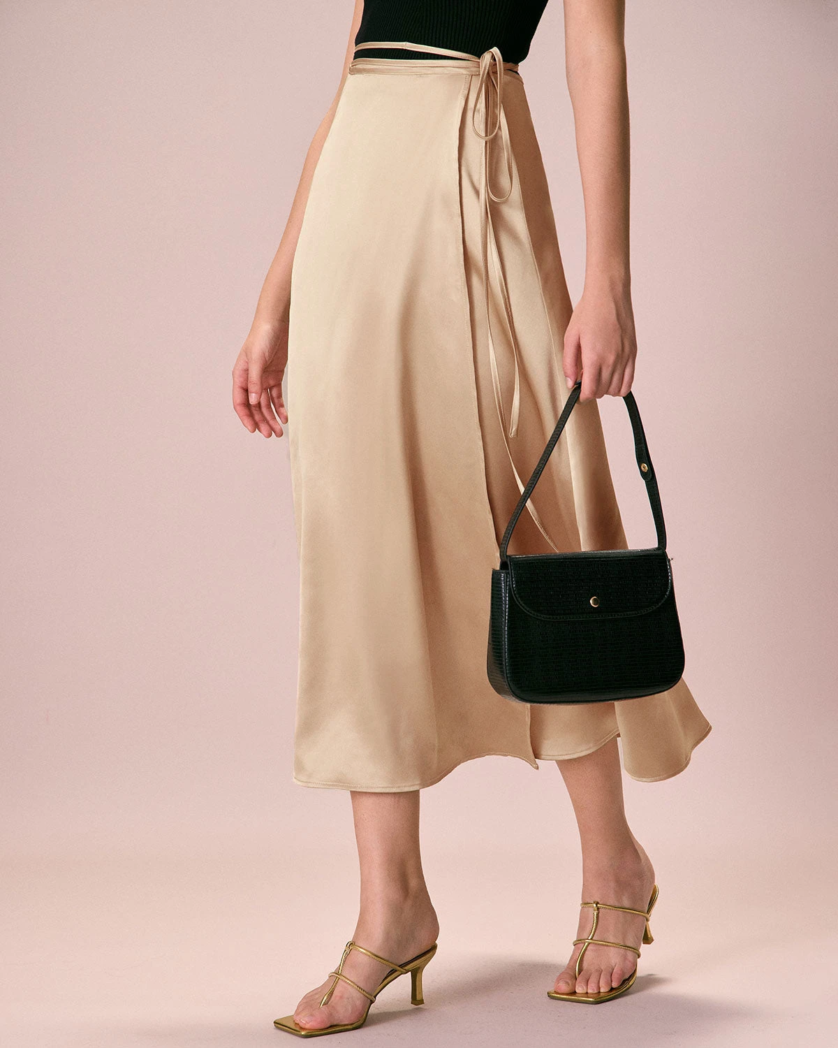 The Khaki Satin Lace-Up Wrap Midi Skirt 2 The Khaki Satin Lace-Up Wrap Midi Skirt - Image 2