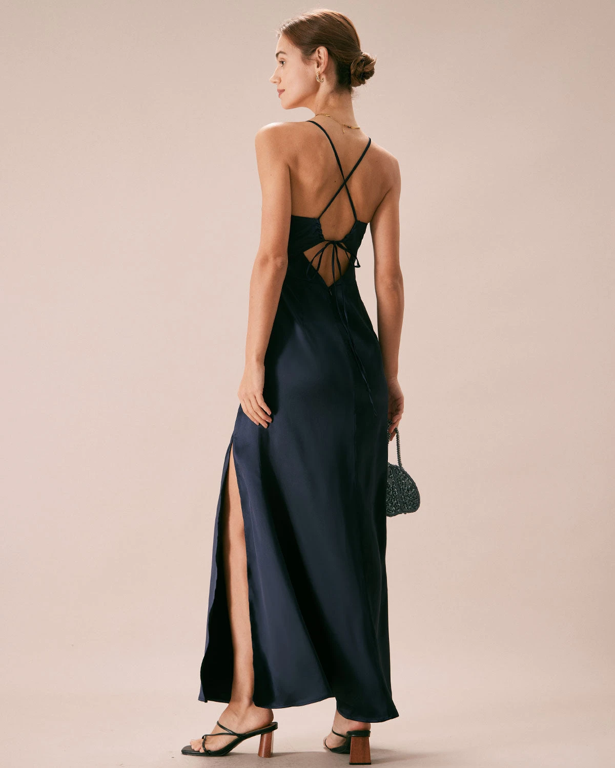 The Navy V-Neck Ruched Satin Sling Maxi Dress 6 The Navy V-Neck Ruched Satin Sling Maxi Dress - Image 6