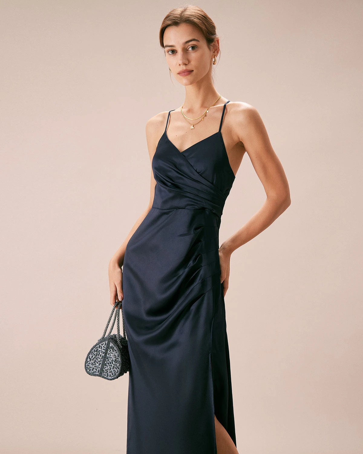 The Navy V-Neck Ruched Satin Sling Maxi Dress 5 The Navy V-Neck Ruched Satin Sling Maxi Dress - Image 5