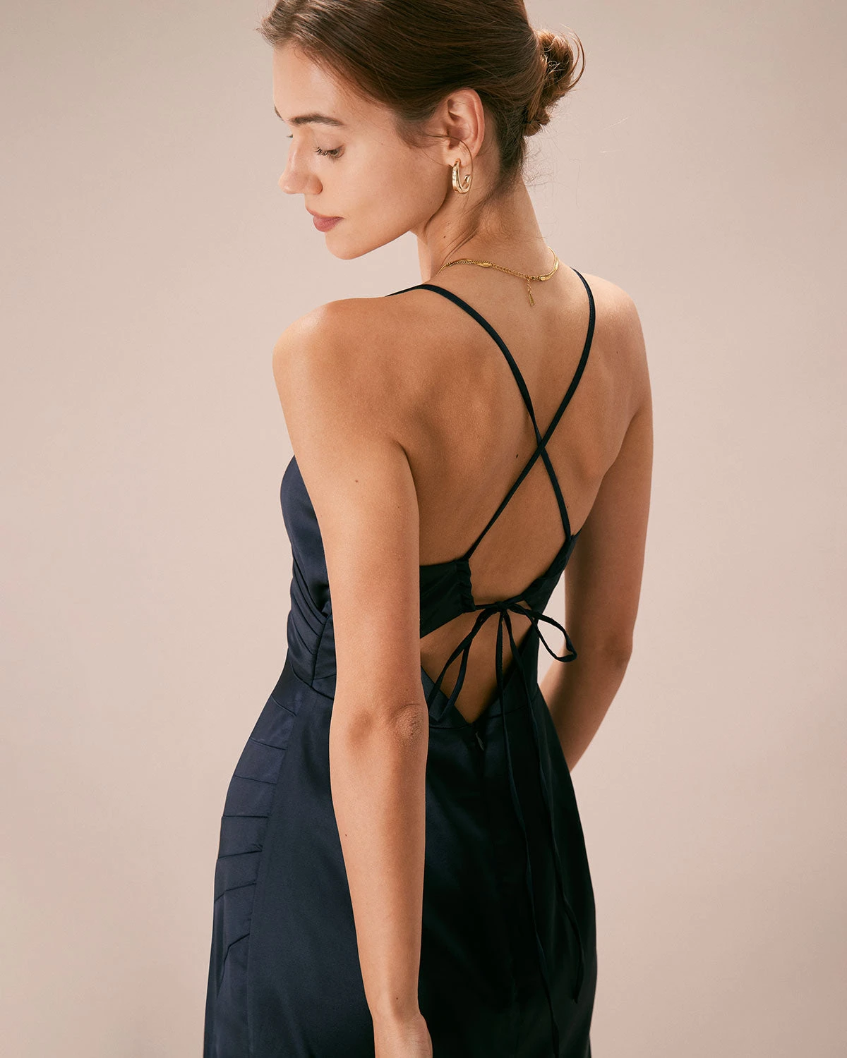 The Navy V-Neck Ruched Satin Sling Maxi Dress 4 The Navy V-Neck Ruched Satin Sling Maxi Dress - Image 4