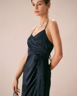 The Navy V-Neck Ruched Satin Sling Maxi Dress 10 The Navy V-Neck Ruched Satin Sling Maxi Dress -Deals Dress N Swimwear Store the satin v neck ruched dress dresses wzumvt