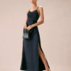 The Navy V-Neck Ruched Satin Sling Maxi Dress