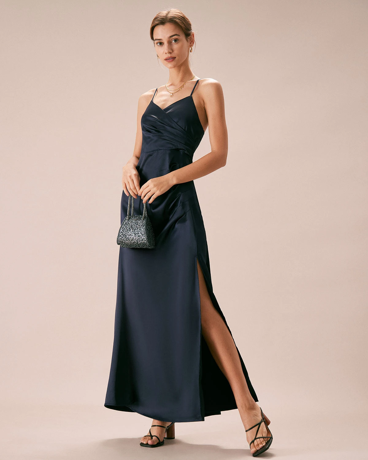 The Navy V-Neck Ruched Satin Sling Maxi Dress 1 The Navy V-Neck Ruched Satin Sling Maxi Dress
