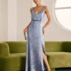 The Blue V Neck Satin Slit Slip Maxi Dress
