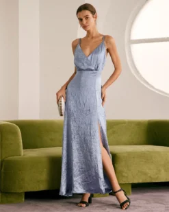 The Blue V Neck Satin Slit Slip Maxi Dress