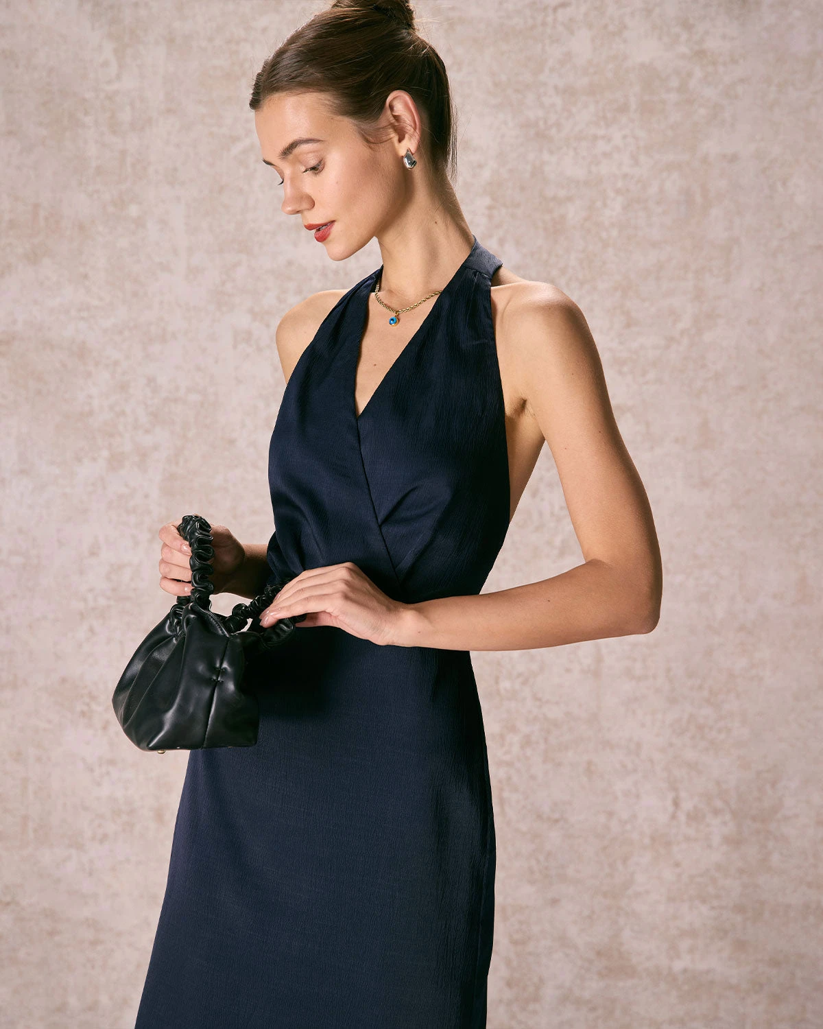 The Navy Halter Ruched Wrap Satin Midi Dress 3 The Navy Halter Ruched Wrap Satin Midi Dress - Image 3