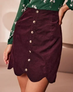 The Wine Red Scalloped Corduroy Mini Skirt