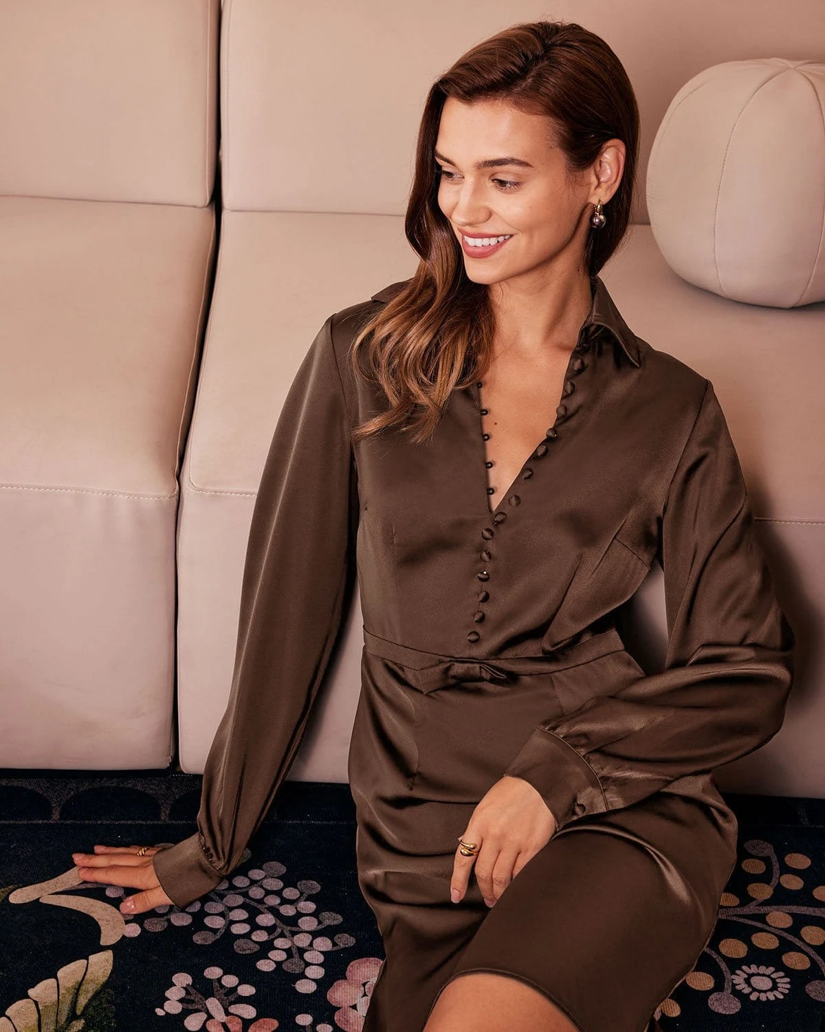 The Brown Shirt Collar Button Satin Mini Dress 5 The Brown Shirt Collar Button Satin Mini Dress - Image 5