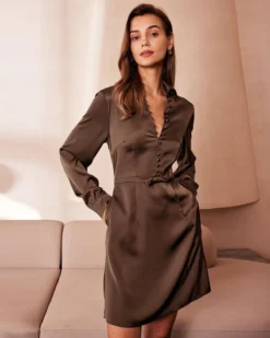 The Brown Shirt Collar Button Satin Mini Dress 7 The Brown Shirt Collar Button Satin Mini Dress -Deals Dress N Swimwear Store the shirt collar satin button dress dresses fokkb5 662054