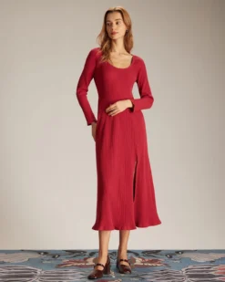 The Red Ribbed Side Split A-Line Maxi Dress -Deals Dress N Swimwear Store the side split ribbed dress dresses obnize