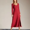 The Red Ribbed Side Split A-Line Maxi Dress