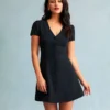 The Black V Neck Button-up Shirt Mini Dress