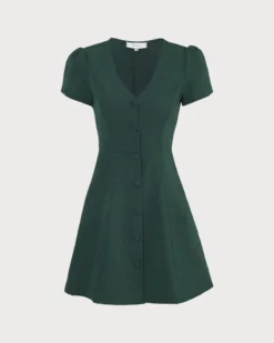 The Dark Green V Neck Button-up Shirt Mini Dress -Deals Dress N Swimwear Store the solid v neck shirt dress dark green dresses s34nte 879509