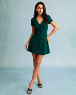 The Dark Green V Neck Button-up Shirt Mini Dress -Deals Dress N Swimwear Store the solid v neck shirt dress dresses ixkds1 856673