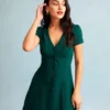 The Dark Green V Neck Button-up Shirt Mini Dress