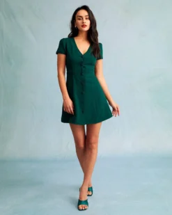 The Dark Green V Neck Button-up Shirt Mini Dress -Deals Dress N Swimwear Store the solid v neck shirt dress dresses p47h09 223795