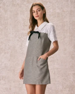 The Grey Shirt Collar Spliced Plaid Mini Dress -Deals Dress N Swimwear Store the spliced plaid mini dress dresses ewntnz