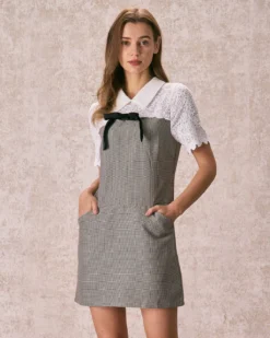 The Grey Shirt Collar Spliced Plaid Mini Dress -Deals Dress N Swimwear Store the spliced plaid mini dress dresses x20dhs