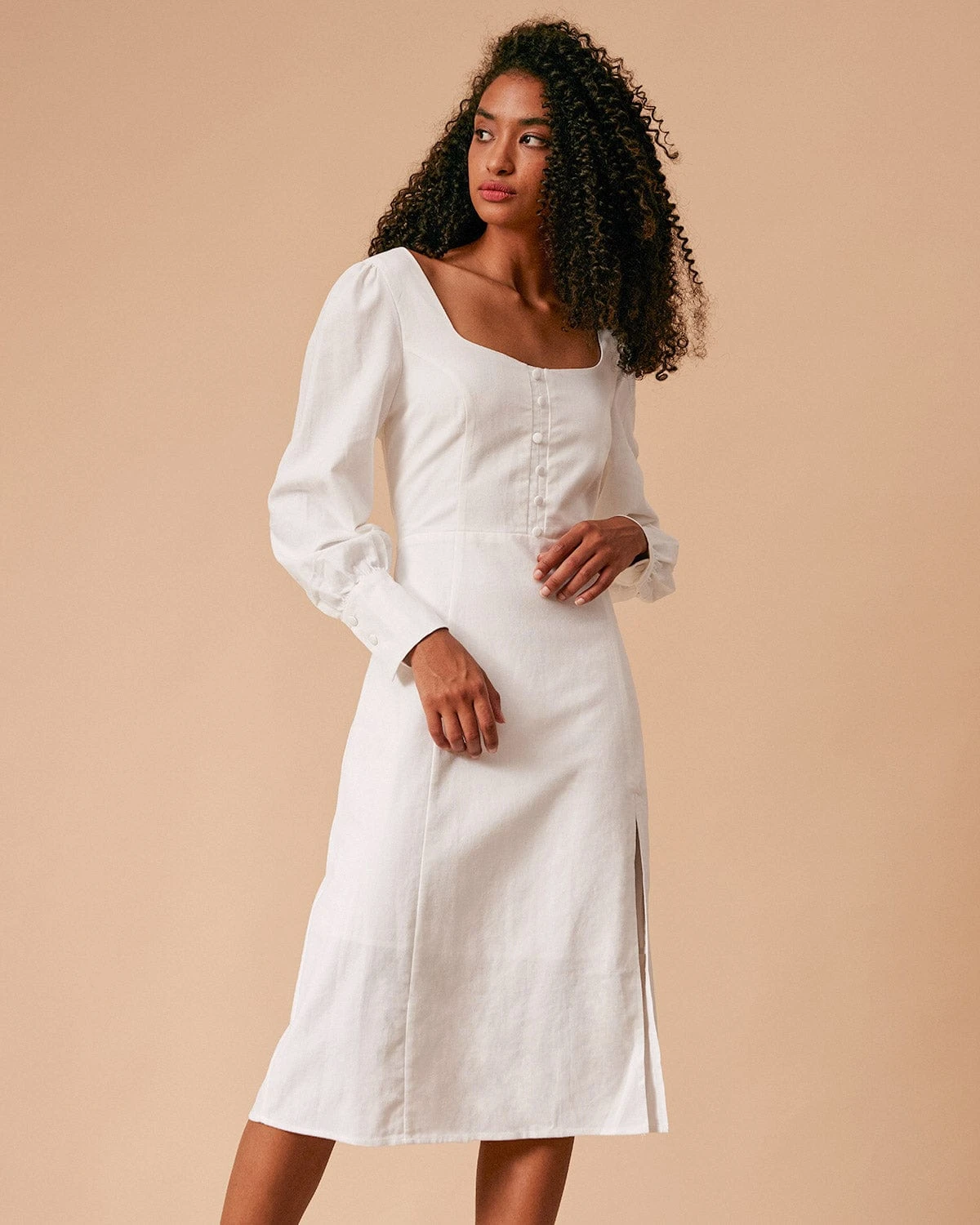 The White Solid Slit Long Sleeve Midi Dress 3 The White Solid Slit Long Sleeve Midi Dress - Image 3