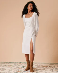 The White Solid Slit Long Sleeve Midi Dress 9 The White Solid Slit Long Sleeve Midi Dress -Deals Dress N Swimwear Store the split hem midi dress dresses g8w9az