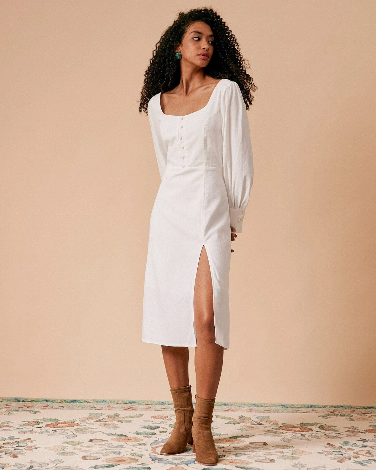 The White Solid Slit Long Sleeve Midi Dress 4 The White Solid Slit Long Sleeve Midi Dress - Image 4