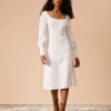 The White Solid Slit Long Sleeve Midi Dress