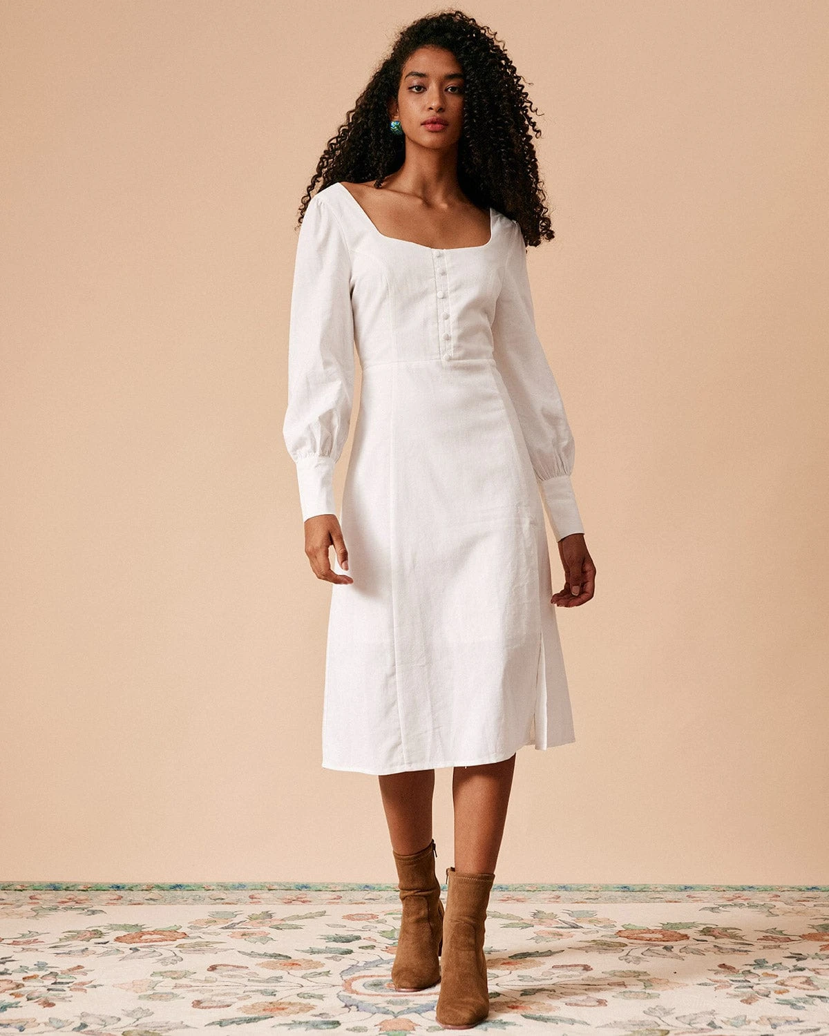 The White Solid Slit Long Sleeve Midi Dress 1 The White Solid Slit Long Sleeve Midi Dress