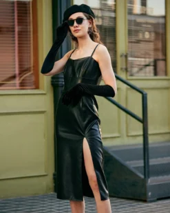 The Side Slit PU Leather Sling Midi Dress