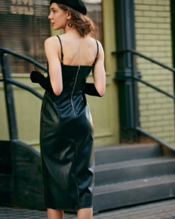 The Side Slit PU Leather Sling Midi Dress -Deals Dress N Swimwear Store the split hem p u leather midi dress dresses eawhnw