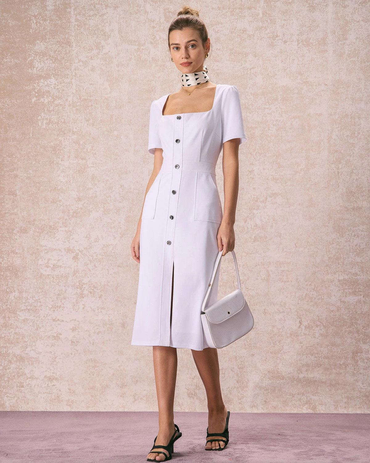 The White Square Neck Buttoned Midi Dress 2 The White Square Neck Buttoned Midi Dress - Image 2