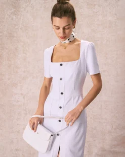 The White Square Neck Buttoned Midi Dress 8 The White Square Neck Buttoned Midi Dress -Deals Dress N Swimwear Store the square neck buttoned midi dress dresses w1mgsv