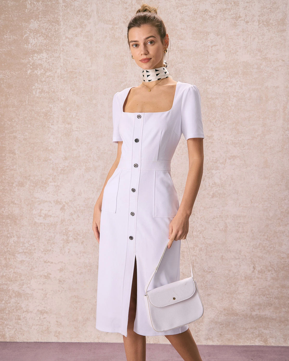 The White Square Neck Buttoned Midi Dress 1 The White Square Neck Buttoned Midi Dress