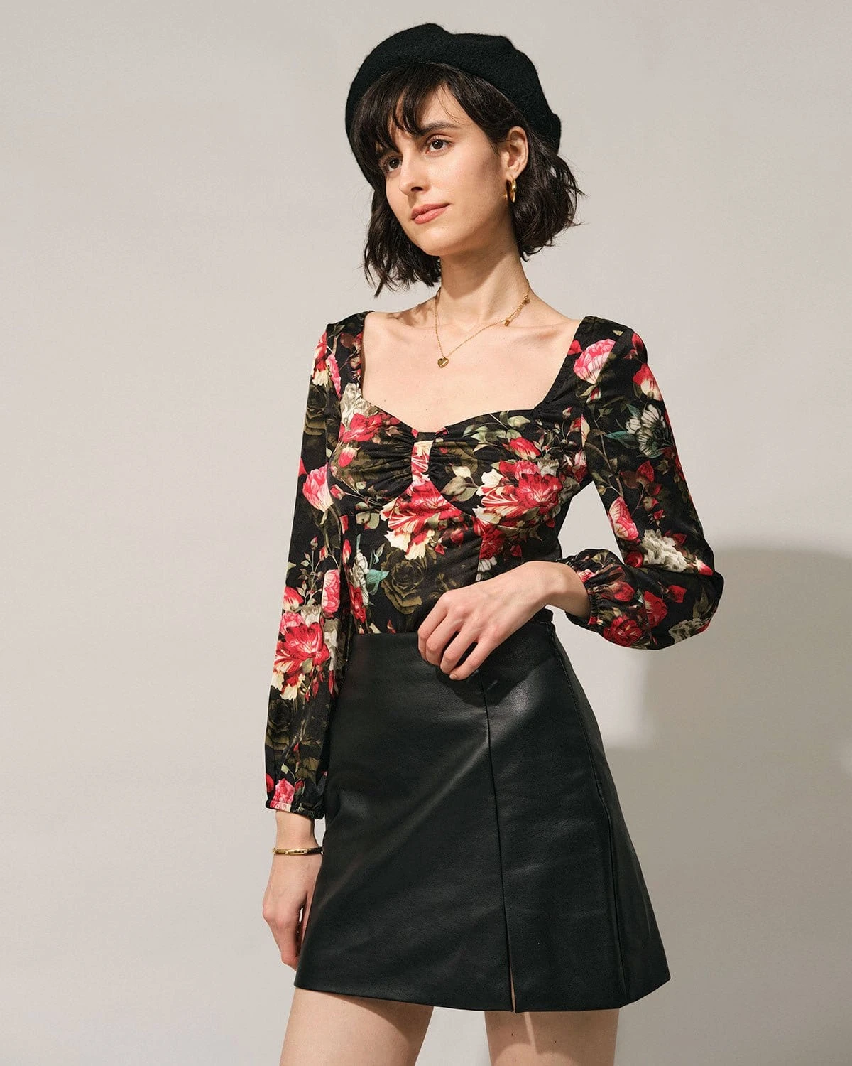 The Black Square Neck Floral Satin Blouse 3 The Black Square Neck Floral Satin Blouse - Image 3