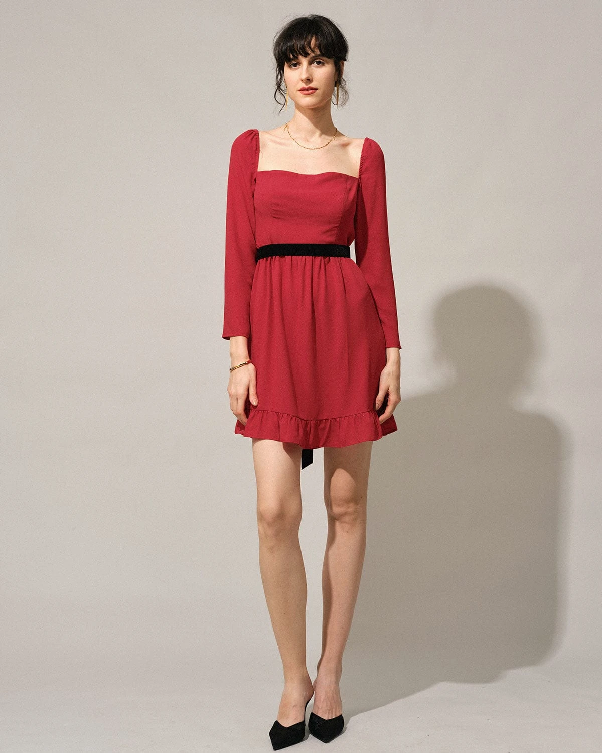 The Red Square Neck Flounce Long Sleeve Mini Dress 5 The Red Square Neck Flounce Long Sleeve Mini Dress - Image 5