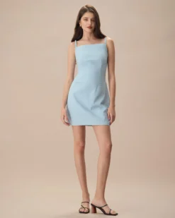 The Blue Square Neck Linen Slip Mini Dress -Deals Dress N Swimwear Store the square neck linen dress dresses bdug5b