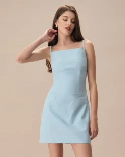 The Blue Square Neck Linen Slip Mini Dress -Deals Dress N Swimwear Store the square neck linen dress dresses vm0szn