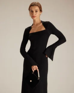 The Black Square Neck Flare Sleeve Midi Dress -Deals Dress N Swimwear Store the square neck long sleeve sweater dress dresses 7fahlf