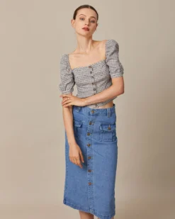 The Brown Square Neck Plaid Shirred Blouse -Deals Dress N Swimwear Store the square neck plaid blouse tops 8dlyau