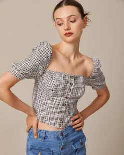 The Brown Square Neck Plaid Shirred Blouse -Deals Dress N Swimwear Store the square neck plaid blouse tops rxadim