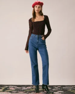 The Black Square Neck Polka Dot Printed Tee -Deals Dress N Swimwear Store the square neck polka dot tee black tops hpntwt