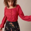 The Red Square Neck Button Puff Sleeve Blouse