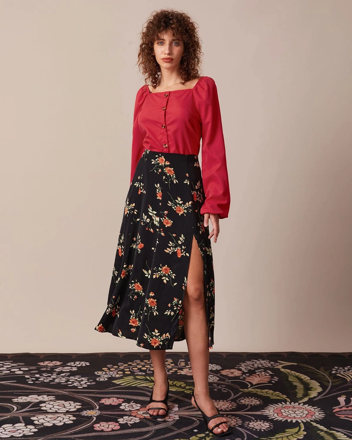 The Red Square Neck Button Puff Sleeve Blouse 3 The Red Square Neck Button Puff Sleeve Blouse - Image 3