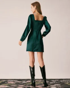 The Green Square Neck Satin A-Line Mini Dress -Deals Dress N Swimwear Store the square neck puff sleeve satin dress dresses 1hbtrl