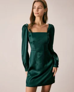 The Green Square Neck Satin A-Line Mini Dress -Deals Dress N Swimwear Store the square neck puff sleeve satin dress dresses dcudls