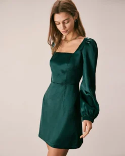 The Green Square Neck Satin A-Line Mini Dress -Deals Dress N Swimwear Store the square neck puff sleeve satin dress dresses grzlw8