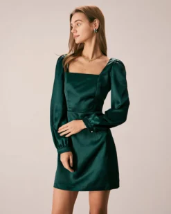 The Green Square Neck Satin A-Line Mini Dress -Deals Dress N Swimwear Store the square neck puff sleeve satin dress dresses h2n6x1